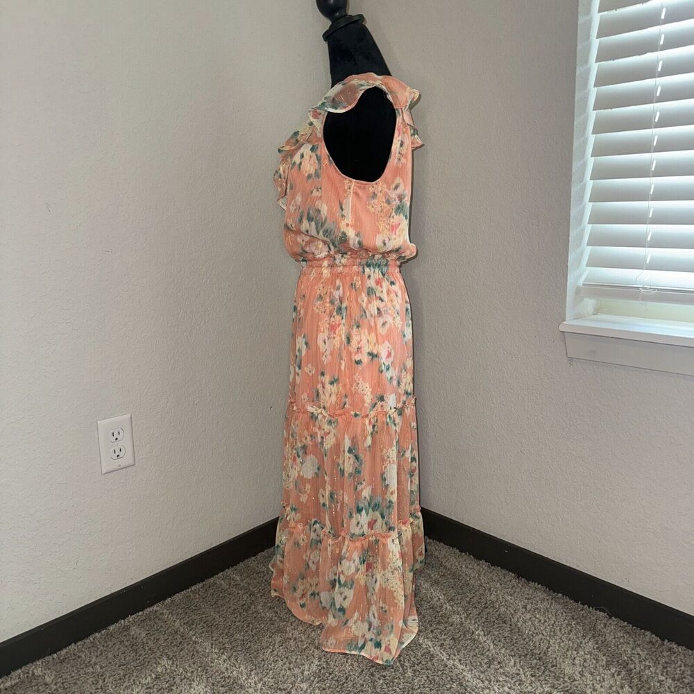 LC Lauren Conrad Maxi Dress Women's Medium Peach Floral Lined Ruffle Tiered - Picture 2 of 7